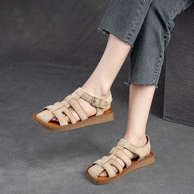 Summer Retro Plaited Leather Velcro Tape Casual Sandals