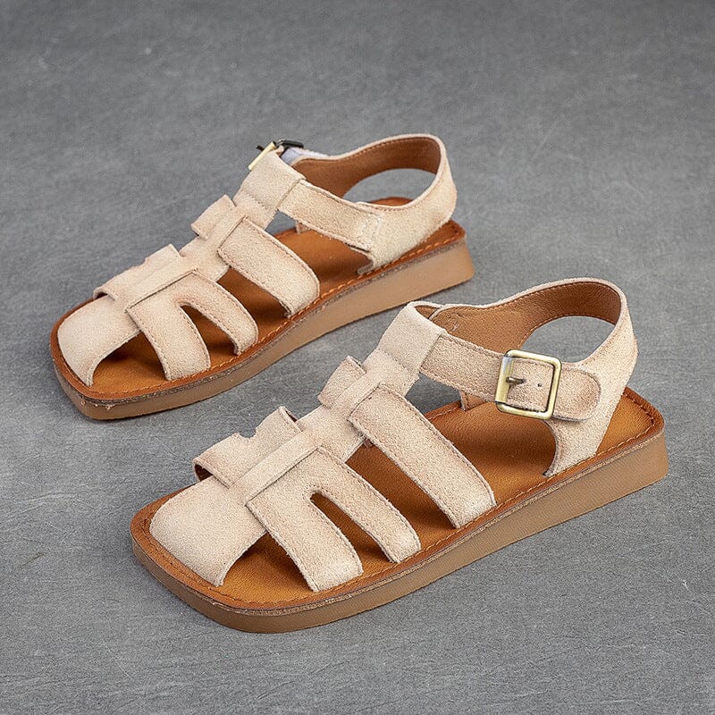Summer Retro Plaited Leather Velcro Tape Casual Sandals May 2023 New Arrival Beige 35 