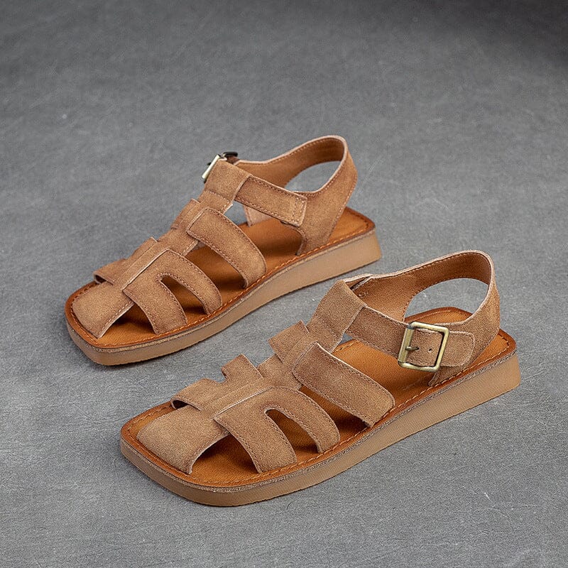 Summer Retro Plaited Leather Velcro Tape Casual Sandals May 2023 New Arrival Brown 35 