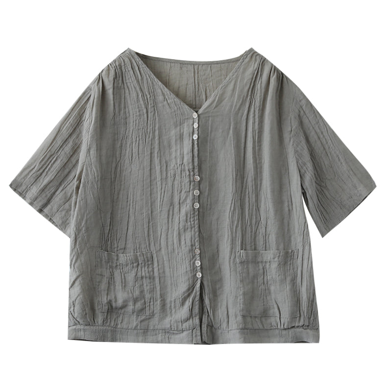 Summer Retro Pleated Solid Loose Linen V-Neck Blouse