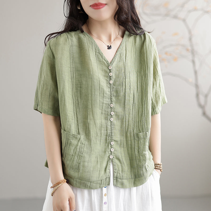 Summer Retro Pleated Solid Loose Linen V-Neck Blouse – Babakud