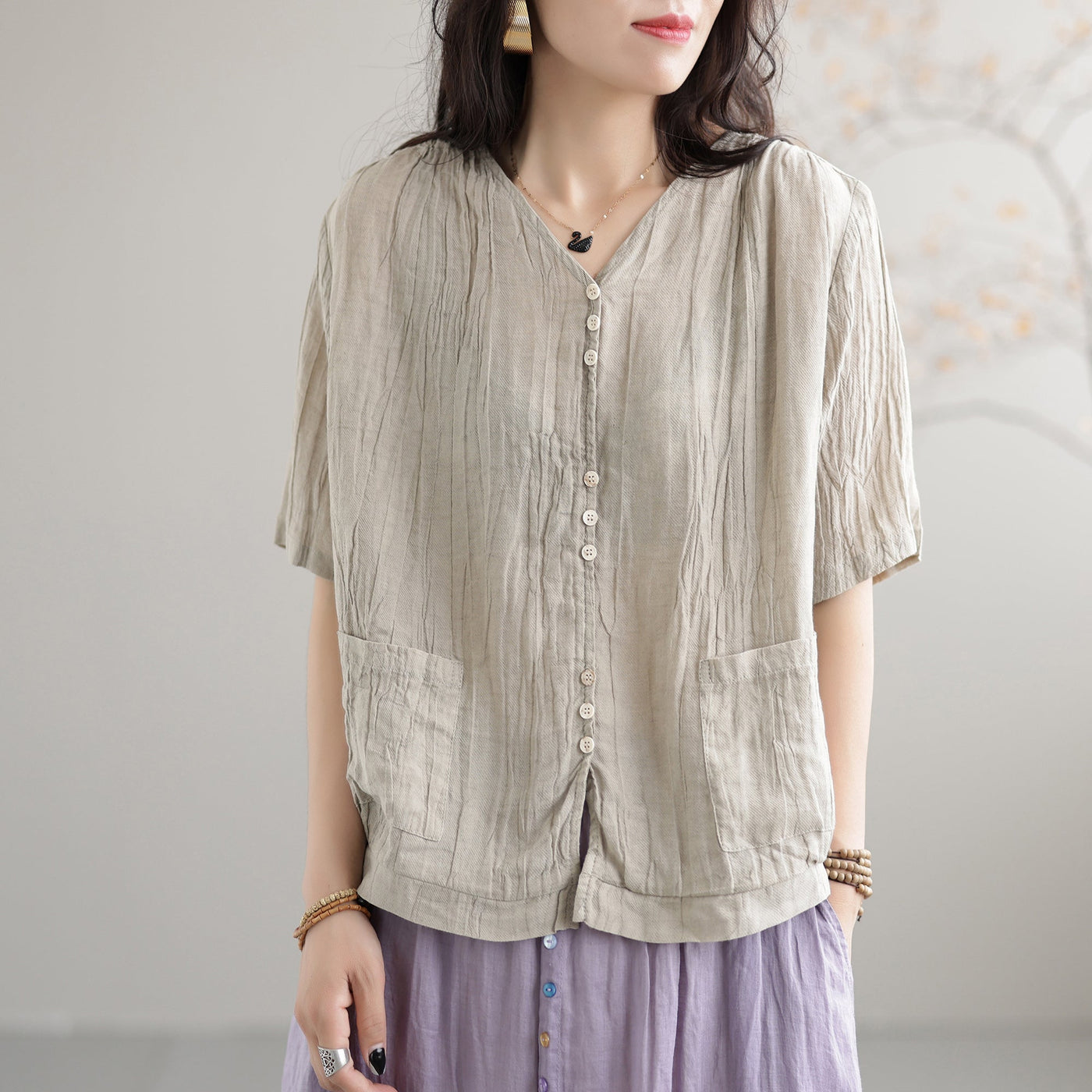 Summer Retro Pleated Solid Loose Linen V-Neck Blouse