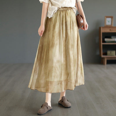 Summer Retro Print Casual A-Line Skirt May 2023 New Arrival One Size Yellow 
