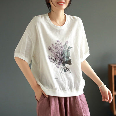 Summer Retro Print Loose Casual Linen T-Shirt Jun 2023 New Arrival White One Size 