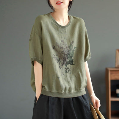 Summer Retro Print Loose Linen T-Shirt May 2023 New Arrival One Size Green 