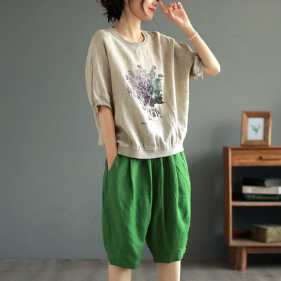 Summer Retro Print Loose Linen T-Shirt May 2023 New Arrival One Size Linen 