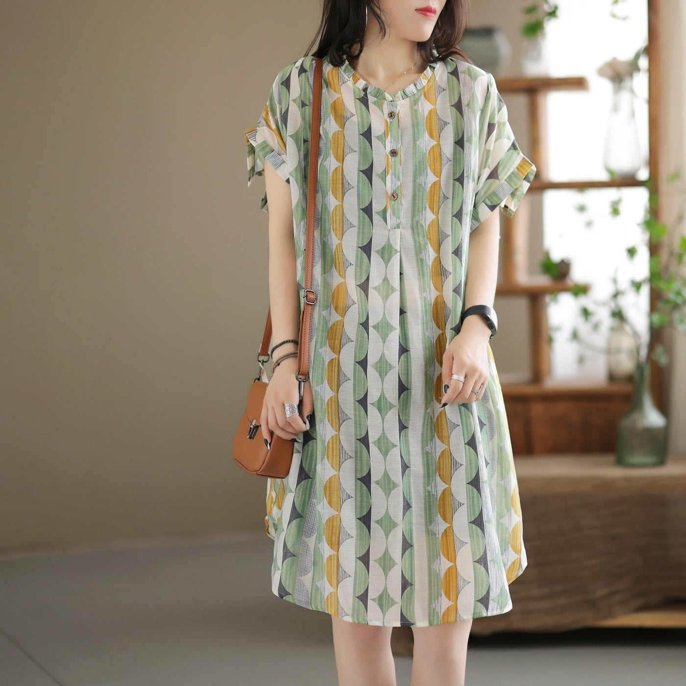 Summer Retro Printed Casual Linen Mini Dress Jun 2022 New Arrival 