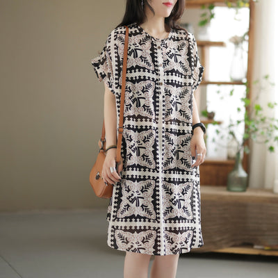 Summer Retro Printed Casual Linen Mini Dress Jun 2022 New Arrival L Black / White 