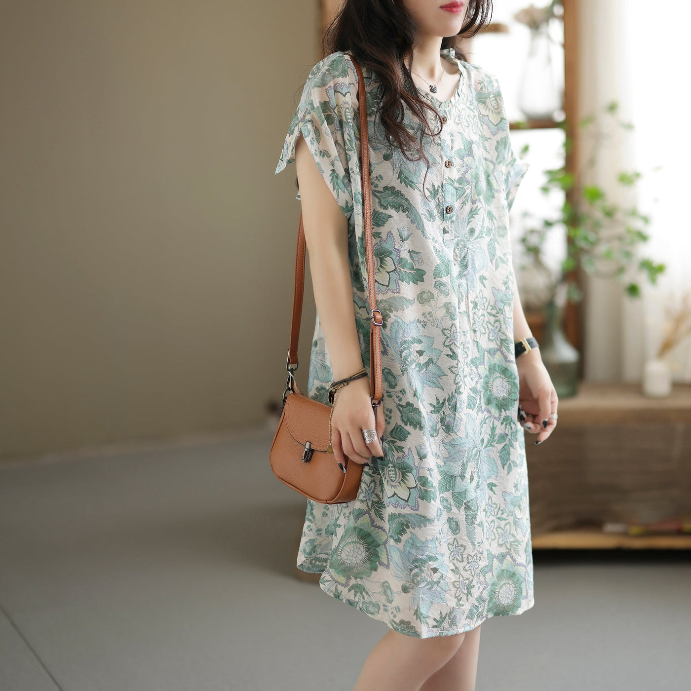 Summer Retro Printed Casual Linen Mini Dress Jun 2022 New Arrival L Light Green 