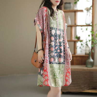 Summer Retro Printed Casual Linen Mini Dress Jun 2022 New Arrival L Pink / Green 