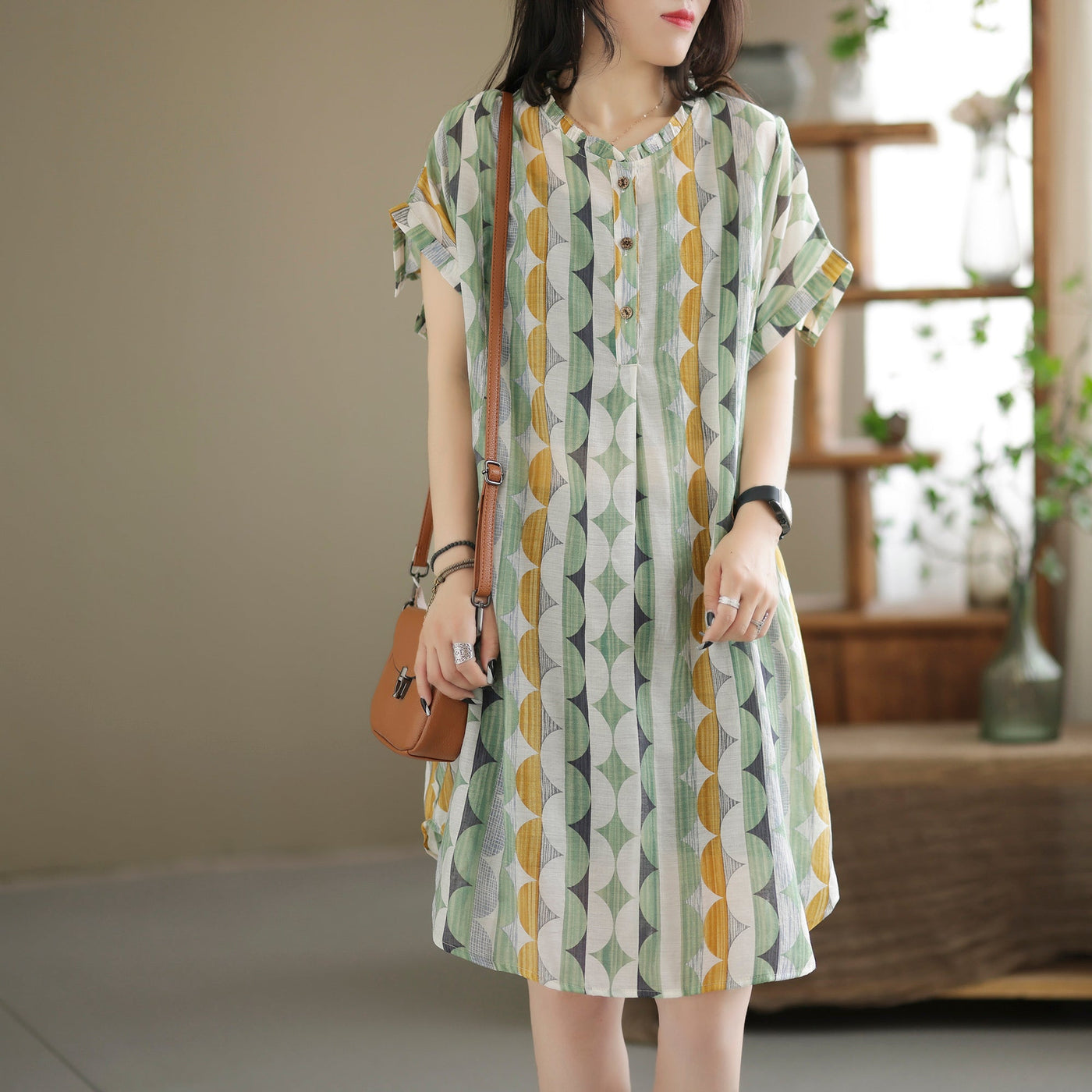 Summer Retro Printed Casual Linen Mini Dress Jun 2022 New Arrival L Yellow / Green 