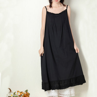 Summer Retro Sleeveless Cotton Slip Dress May 2022 New Arrival Black One Size 