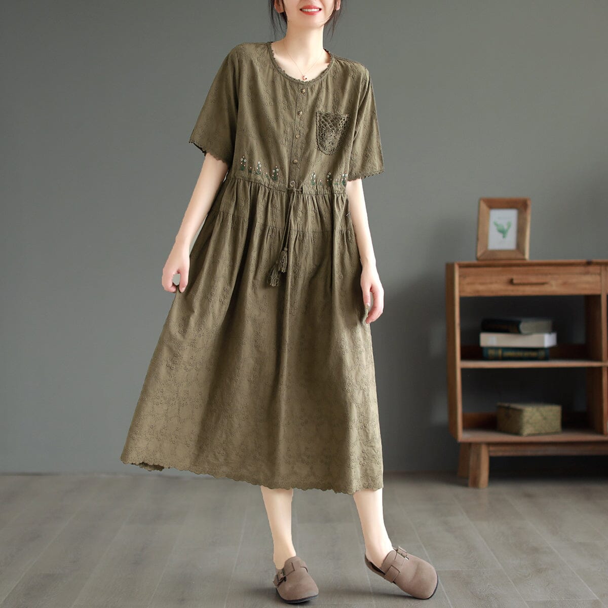 Summer Retro Solid Embroidery Cotton Linen Dress May 2023 New Arrival One Size Coffee 