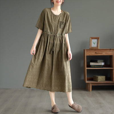 Summer Retro Solid Embroidery Cotton Linen Dress