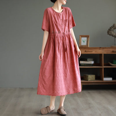 Summer Retro Solid Embroidery Cotton Linen Dress May 2023 New Arrival One Size Pink 