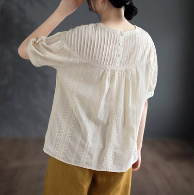 Summer Retro Solid Hollow Cotton T-Shirt May 2023 New Arrival 