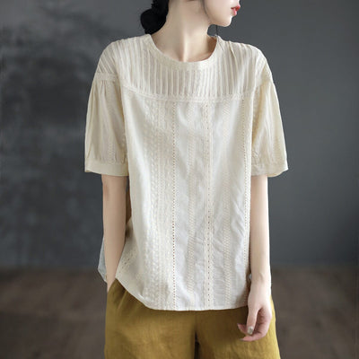 Summer Retro Solid Hollow Cotton T-Shirt May 2023 New Arrival Apricot One Size 