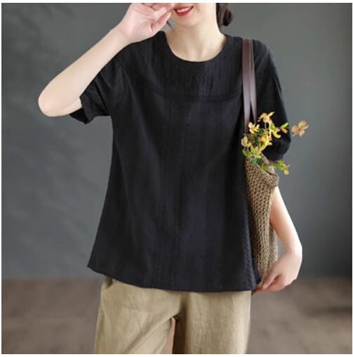 Summer Retro Solid Hollow Cotton T-Shirt May 2023 New Arrival Black One Size 