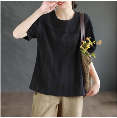 Summer Retro Solid Hollow Cotton T-Shirt May 2023 New Arrival Black One Size 