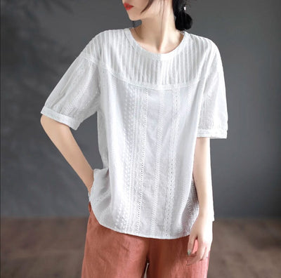 Summer Retro Solid Hollow Cotton T-Shirt May 2023 New Arrival White One Size 