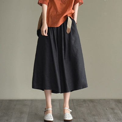 Summer Retro Solid Linen Loose A-Line Skirt Jul 2023 New Arrival Black One Size 