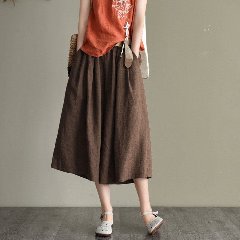 Summer Retro Solid Linen Loose A-Line Skirt Jul 2023 New Arrival Coffee One Size 
