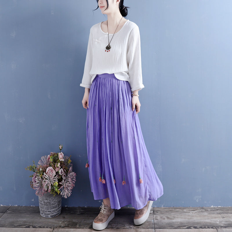 Summer Retro Tassels Solid Linen Silk Pleated Skirt May 2022 New Arrival 