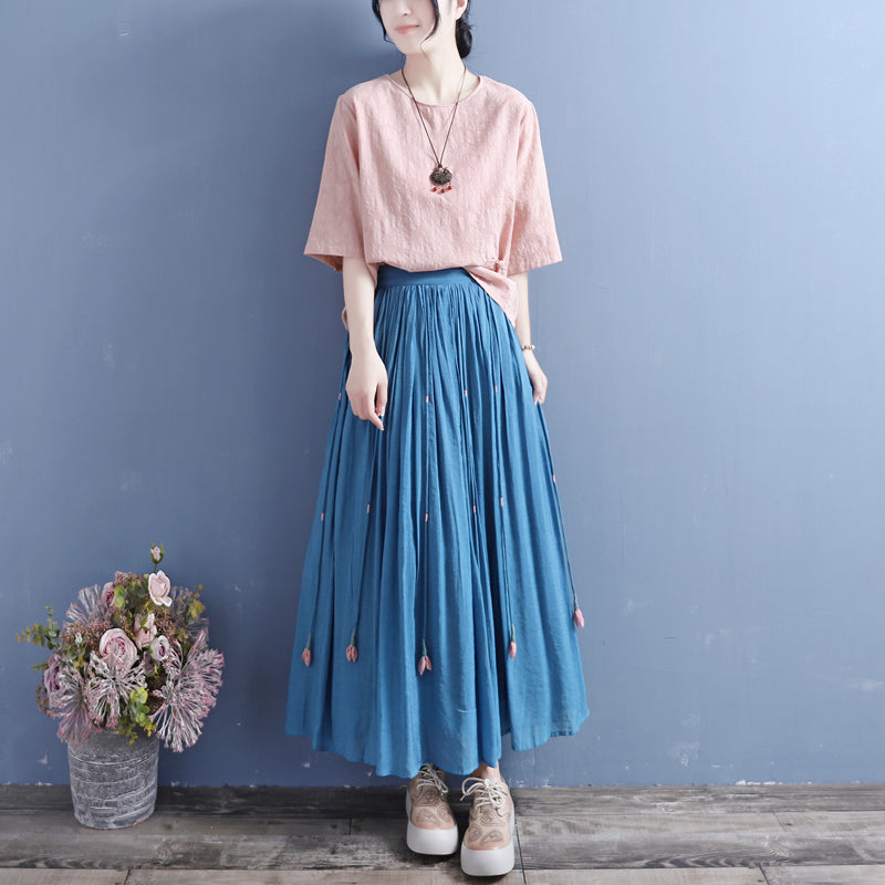 Summer Retro Tassels Solid Linen Silk Pleated Skirt