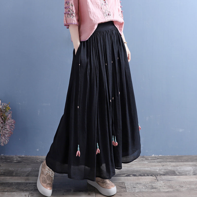 Summer Retro Tassels Solid Linen Silk Pleated Skirt May 2022 New Arrival One Size Black 