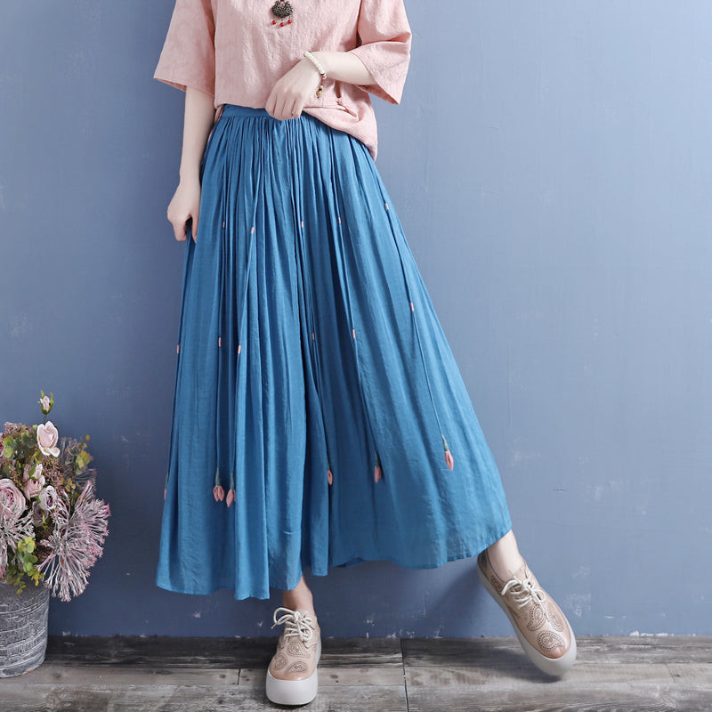 Summer Retro Tassels Solid Linen Silk Pleated Skirt May 2022 New Arrival One Size Blue 