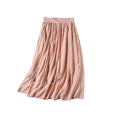 Summer Retro Tassels Solid Linen Silk Pleated Skirt May 2022 New Arrival One Size Pink 
