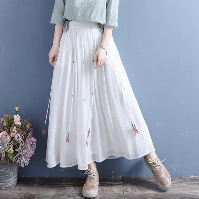 Summer Retro Tassels Solid Linen Silk Pleated Skirt May 2022 New Arrival One Size White 