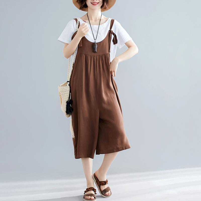 Summer Solid Casual Loose Adjustable Belts Cropped Jumpsuits