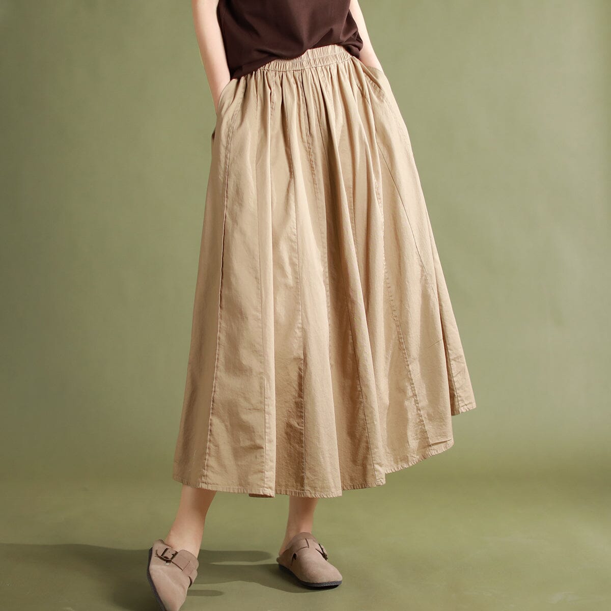 Summer Solid Casual Patchwork Cotton Skirt May 2023 New Arrival One Size Khaki 