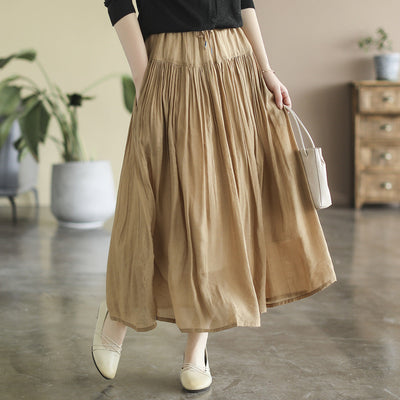 Summer Solid Cotton LInen Retro A-Line Pleated Skirts