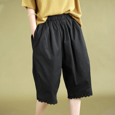 Summer Solid Cotton Trim Casual Shorts Jun 2023 New Arrival One Size Black 