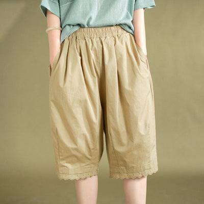 Summer Solid Cotton Trim Casual Shorts Jun 2023 New Arrival One Size Khaki 