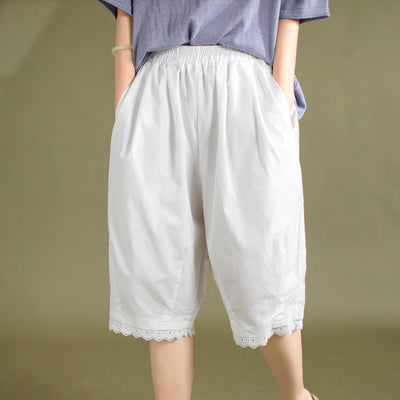 Summer Solid Cotton Trim Casual Shorts Jun 2023 New Arrival One Size White 