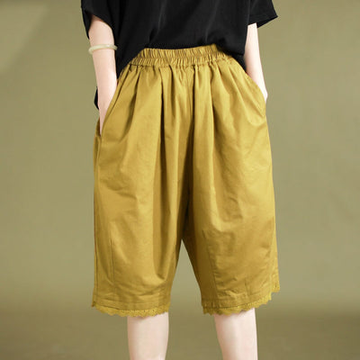 Summer Solid Cotton Trim Casual Shorts Jun 2023 New Arrival One Size Yellow 