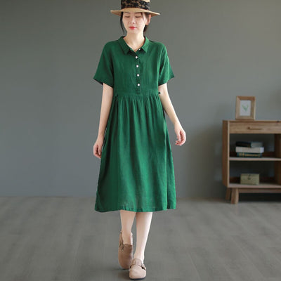 Summer Solid Linen Short Sleeve Casual Dress May 2023 New Arrival Green One Size 