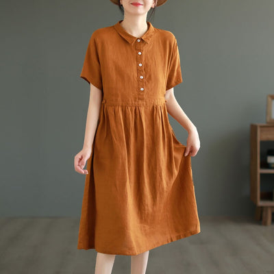 Summer Solid Linen Short Sleeve Casual Dress May 2023 New Arrival Orange One Size 