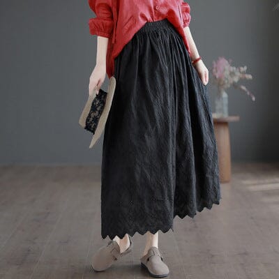 Summer Solid Patchwork Embroidery Loose Retro Skirt May 2023 New Arrival Black One Size 