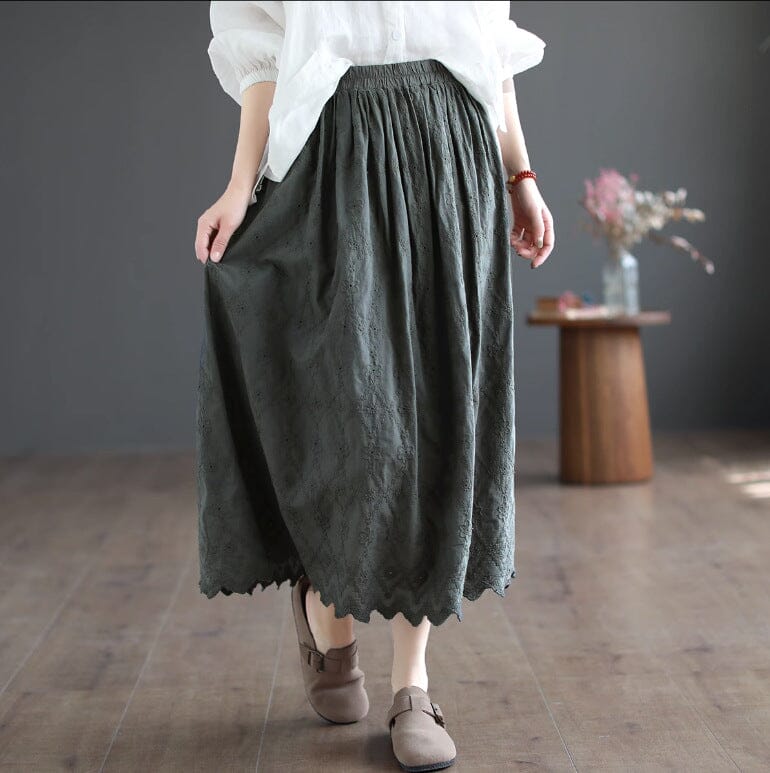 Summer Solid Patchwork Embroidery Loose Retro Skirt May 2023 New Arrival Gray One Size 