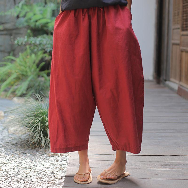 Summer Spring Ramie Solid Sand Wash Ankle-Length Pants