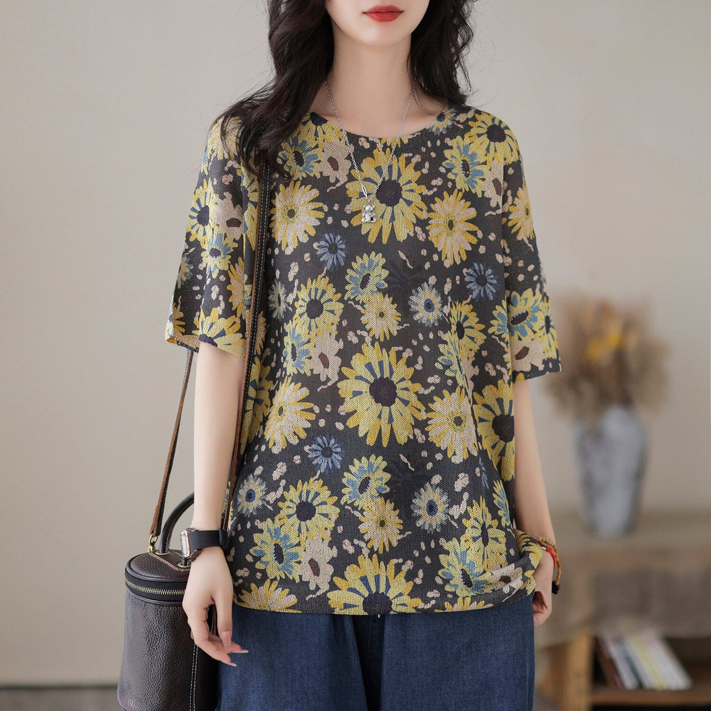 Summer Stylish Casual Floral Print Cotton Knitted T-Shirt
