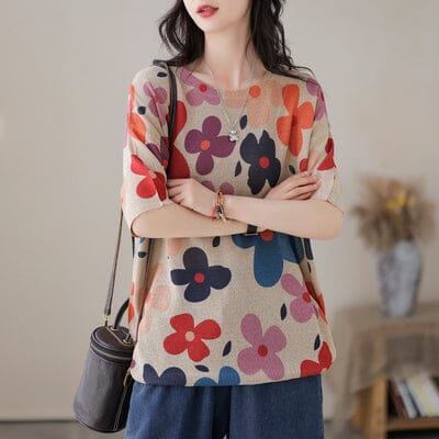 Summer Stylish Casual Floral Print Cotton Knitted T-Shirt