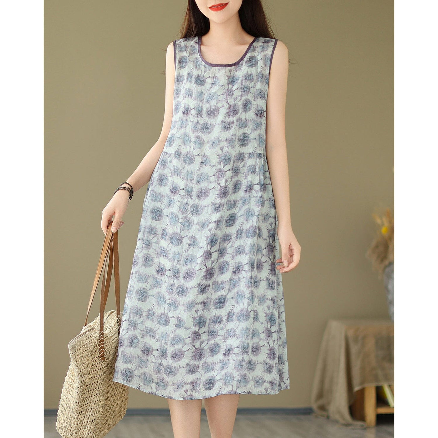 Summer Stylish Casual Sleeveless Linen Floral Dress