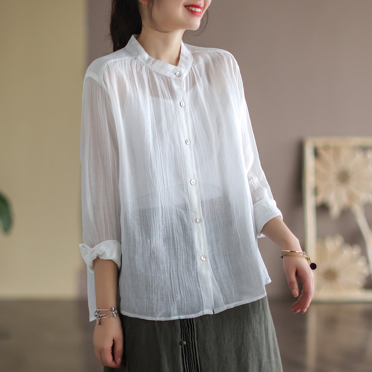 Summer Sun-Proof Women Loose Linen Blouse Mar 2022 New Arrival One Size White 
