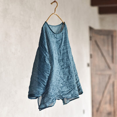 Summer Thin Linen Retro Pleated T-Shirt Jun 2023 New Arrival Blue One Size 
