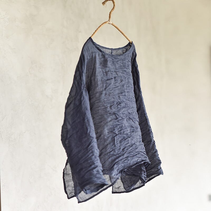 Summer Thin Linen Retro Pleated T-Shirt Jun 2023 New Arrival Navy One Size 